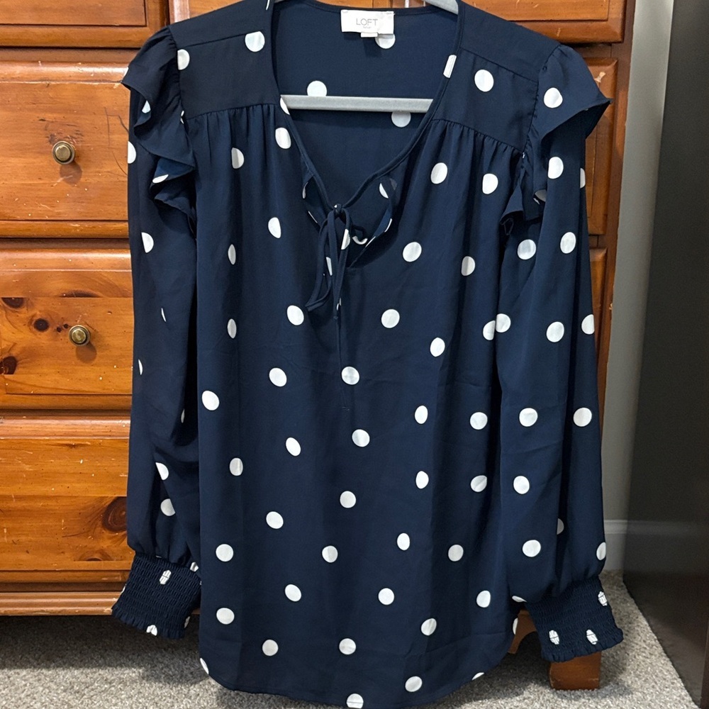 LOFT Polka Dot Blouse in Navy and White - Picture 1 of 6